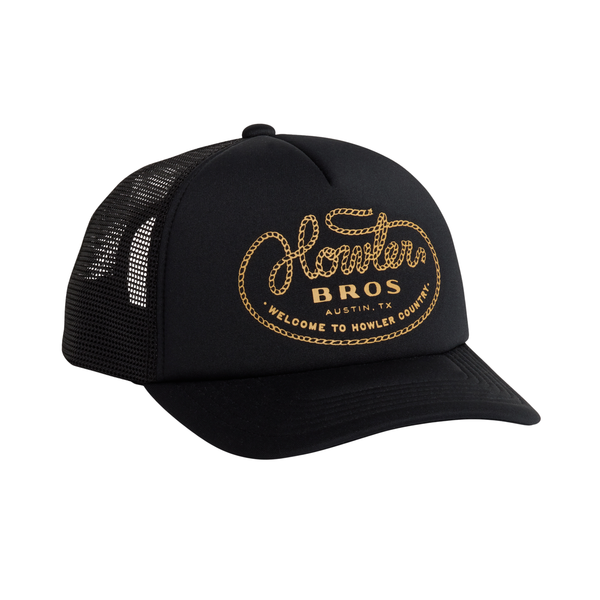 A black trucker hat with a curved brim and black mesh back panels, featuring a gold embroidered logo on the front that reads 'Hower Bros' with 'Welcome to Hower County, Austin, TX' below it.