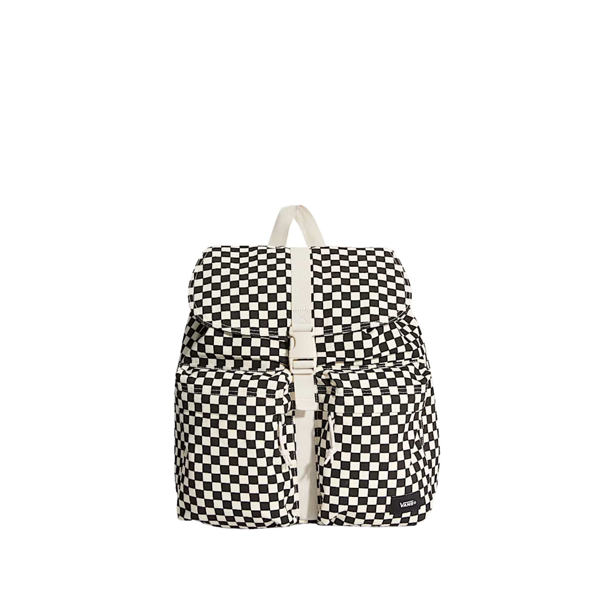 A black and white vans scatter checkerboard patterned backpack with a cream-colored top handle and front strap closure, shown against a plain white background.