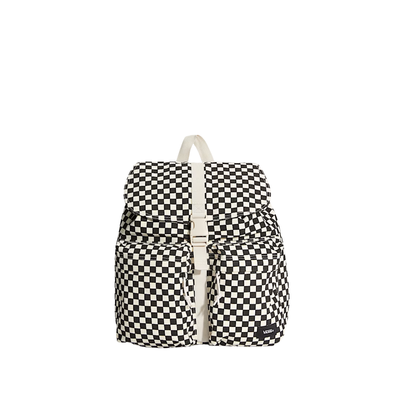 A black and white vans scatter checkerboard patterned backpack with a cream-colored top handle and front strap closure, shown against a plain white background.