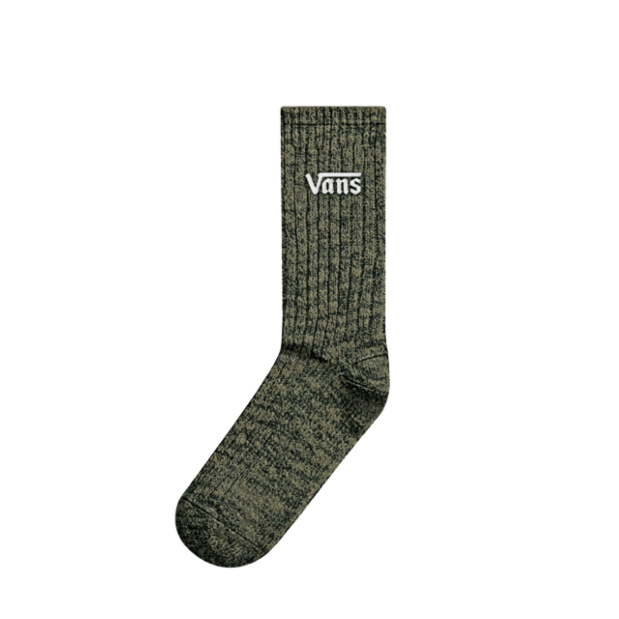 A single Vans marled crew sock in a dark olive green heathered knit fabric, featuring the white Vans logo on the ribbed cuff, shown against a plain white background.