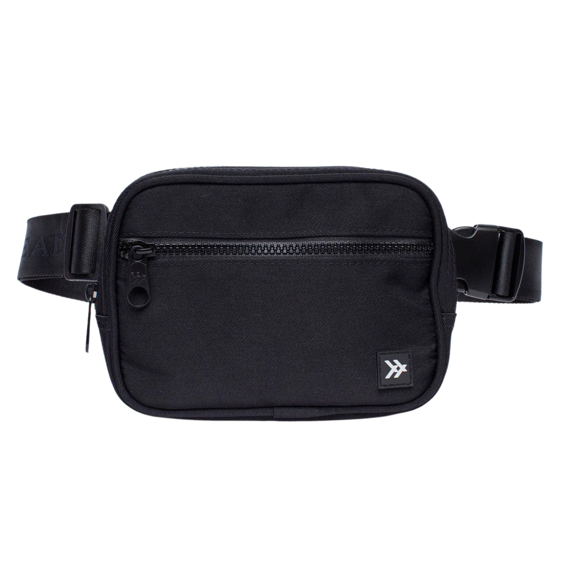 Black thread belt bag with a visible brand logo on a white background