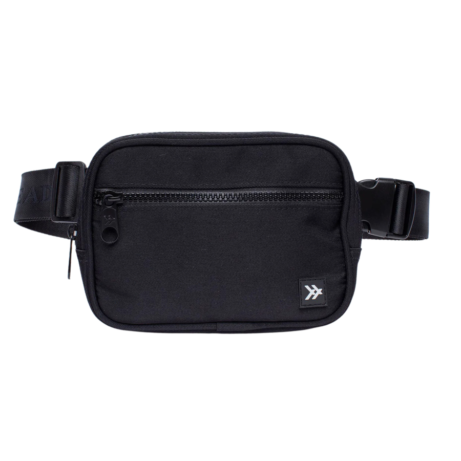 Black thread belt bag with a visible brand logo on a white background