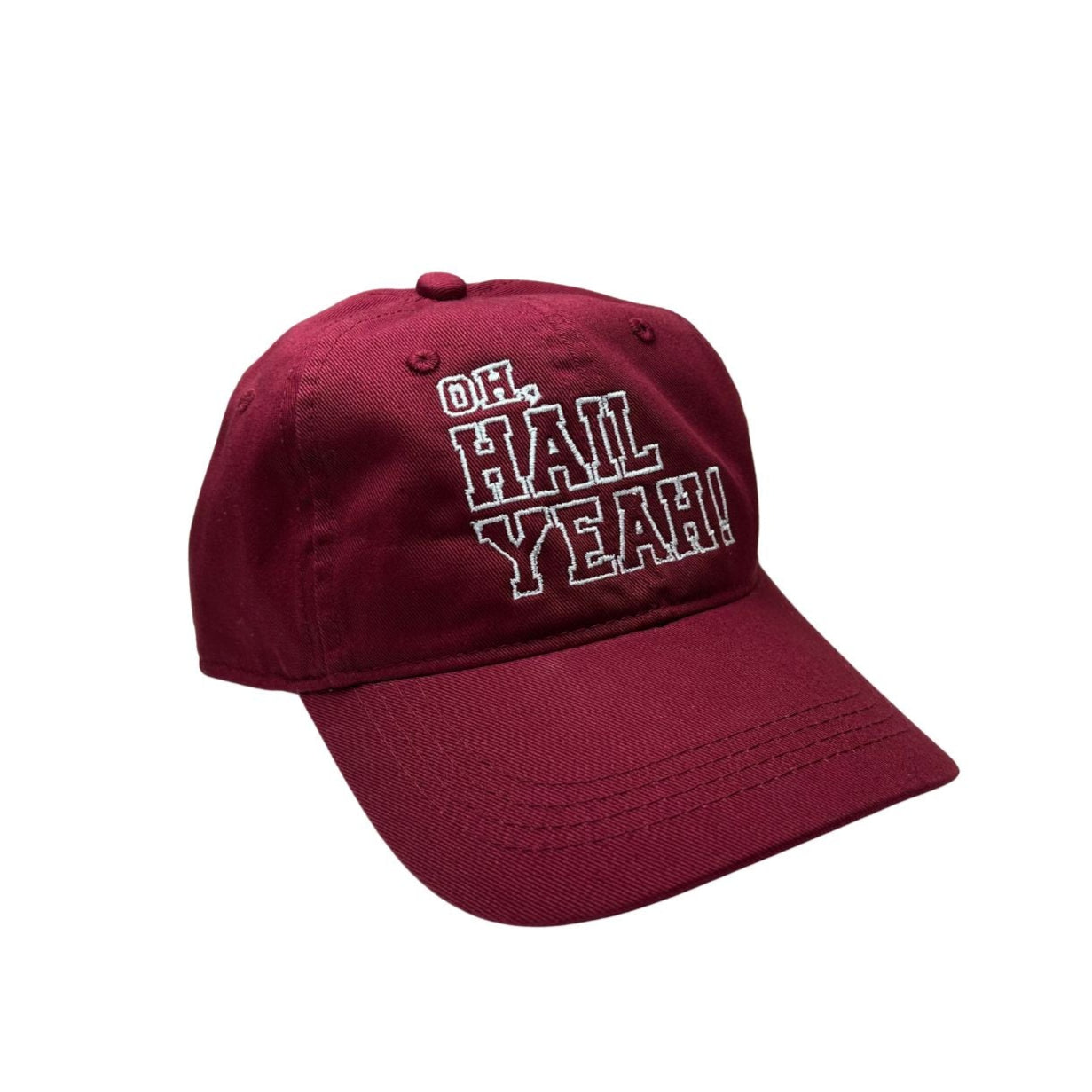 maroon hat with oh hail yeah embroidered in white stitching