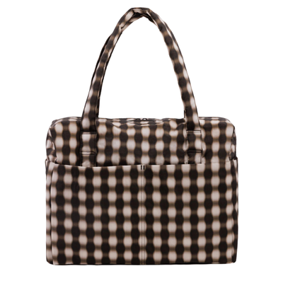 Brown and white checkered baggu carry-on handbag on a white background