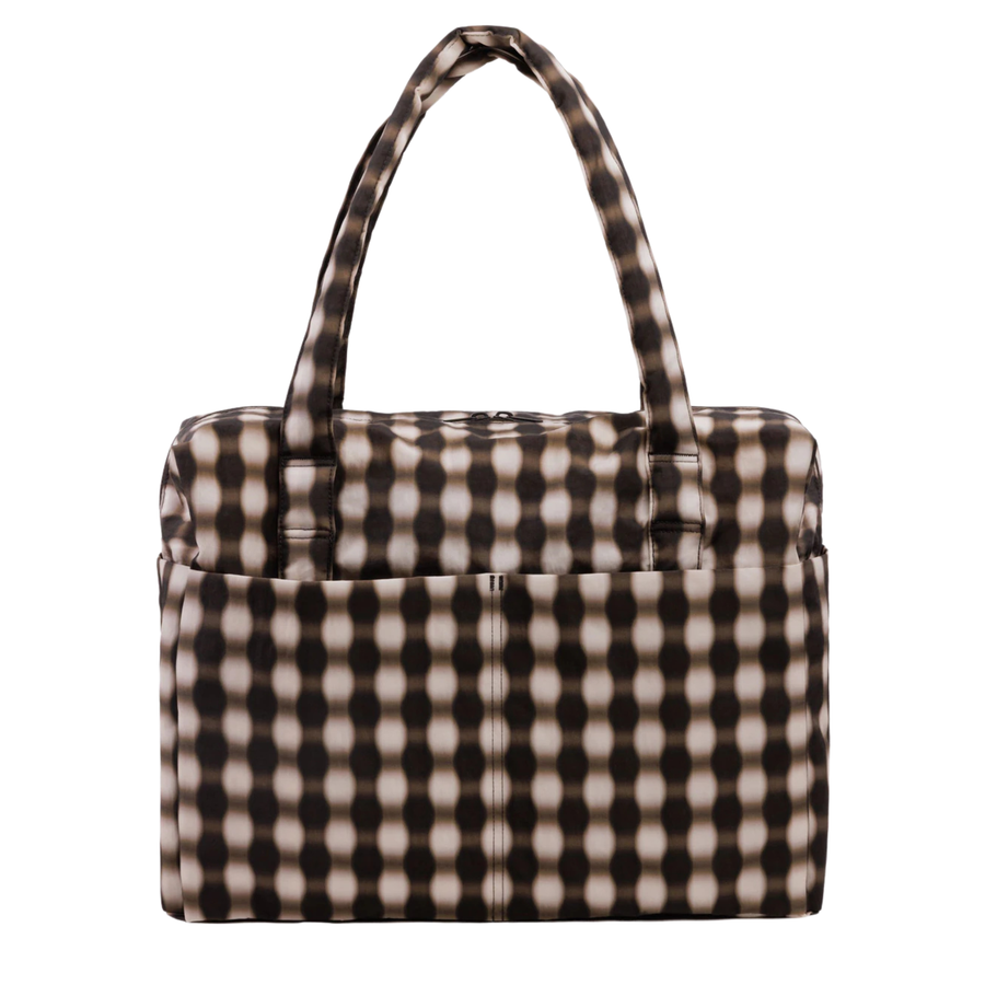 Brown and white checkered baggu carry-on handbag on a white background