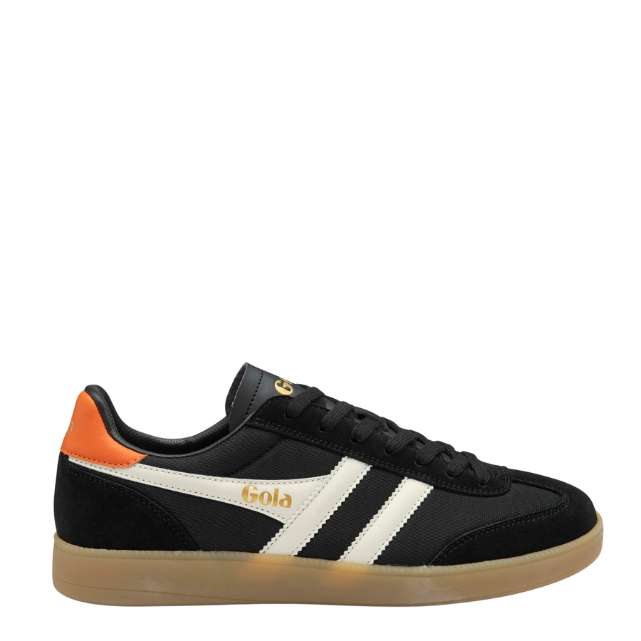 Black gola men's viper mesh sneaker with orange accents and white stripes on a white background