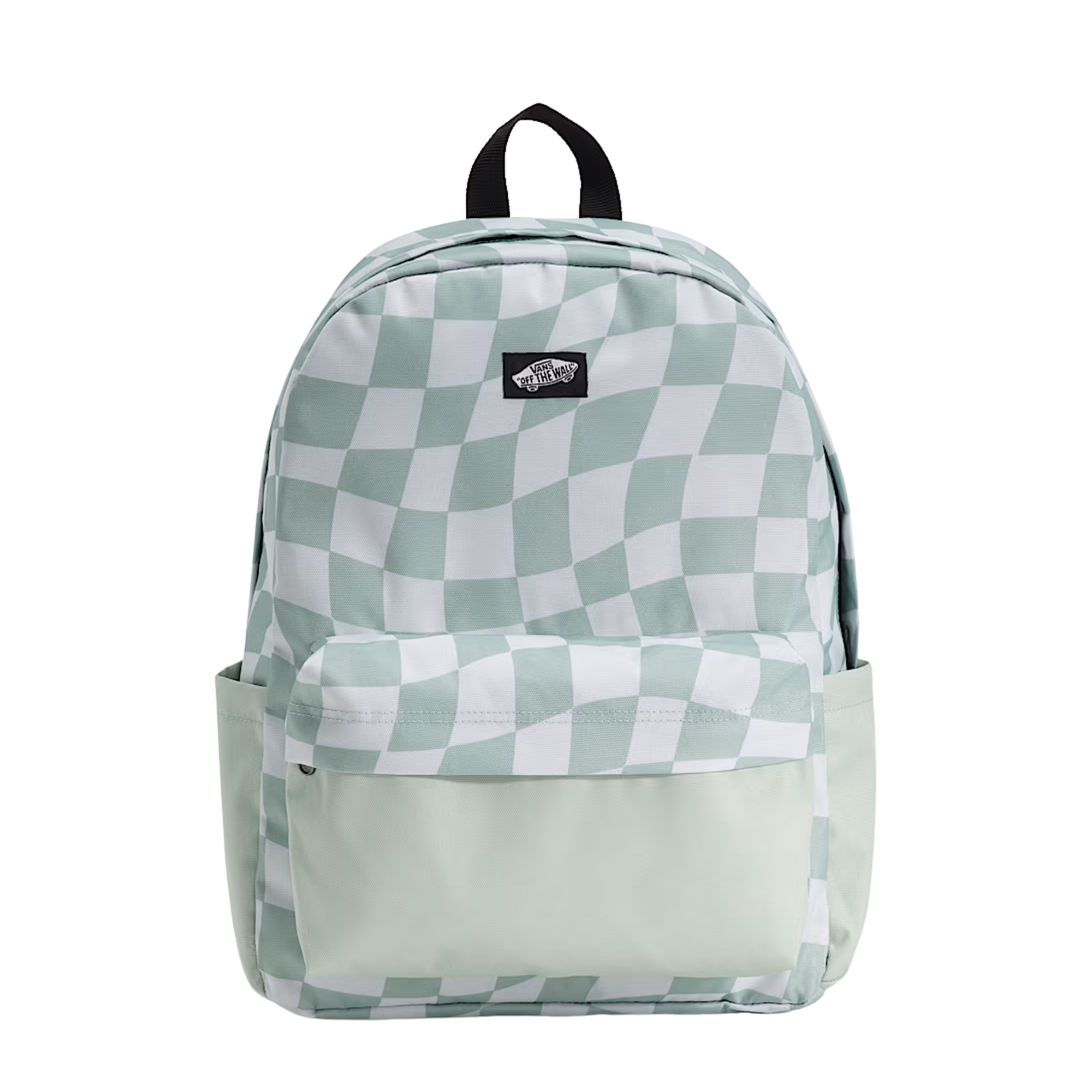 Green and white vans checkered backpack with a visible brand logo on a white background