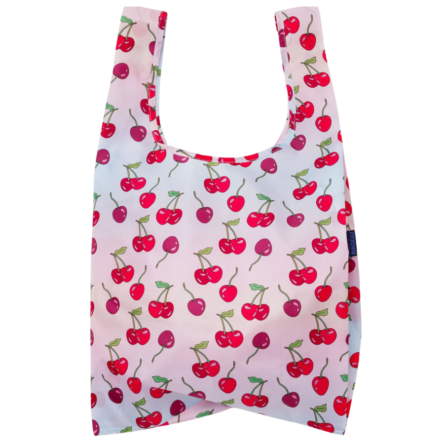 Reusable stadard baggu shopping bag with cherry pattern on a white background