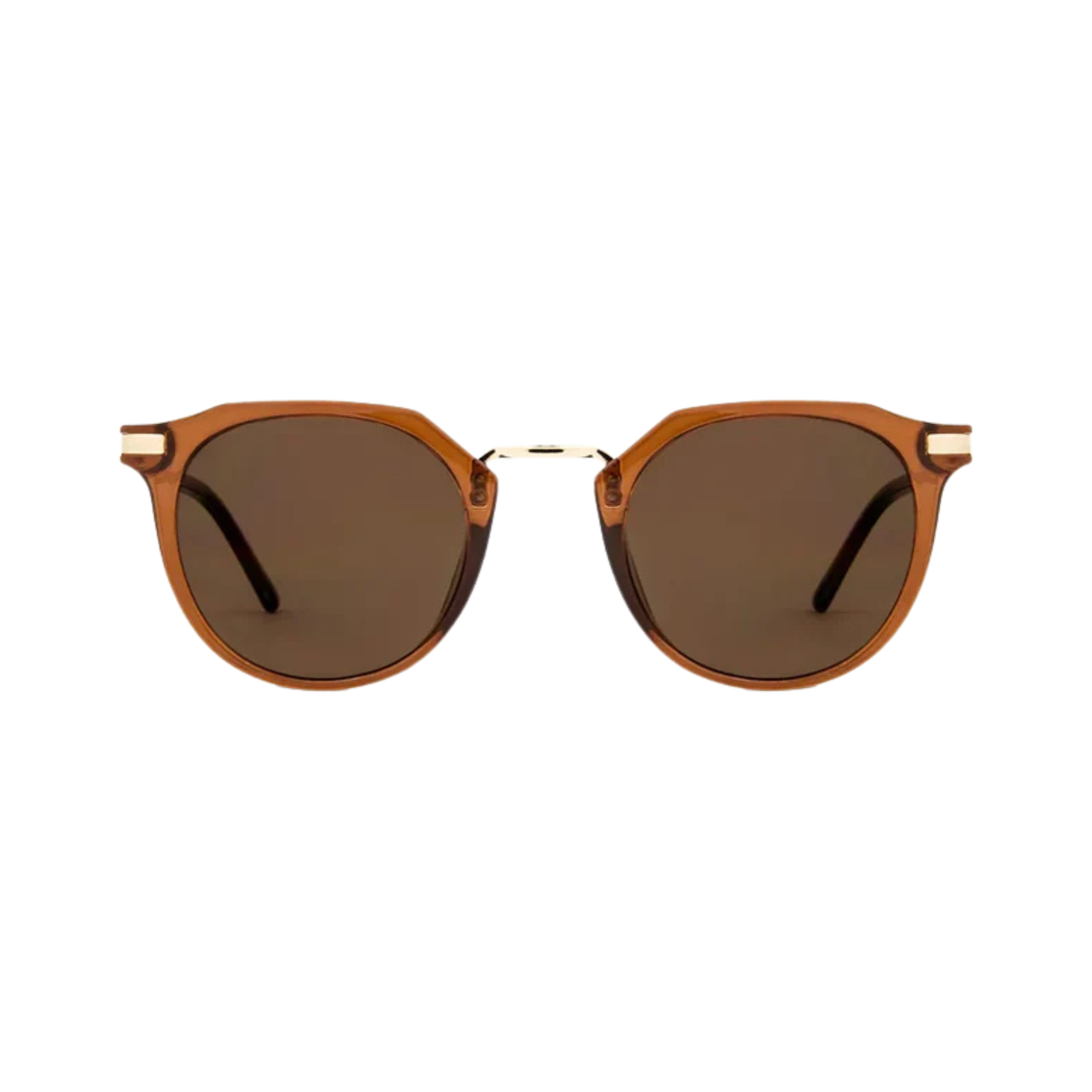 Round carve usa eyewear sunglasses with translucent amber-brown frames and dark brown lenses, featuring small gold metal accents on the hinges, shown against a plain white background.