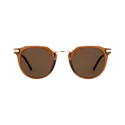 Round carve usa eyewear sunglasses with translucent amber-brown frames and dark brown lenses, featuring small gold metal accents on the hinges, shown against a plain white background.