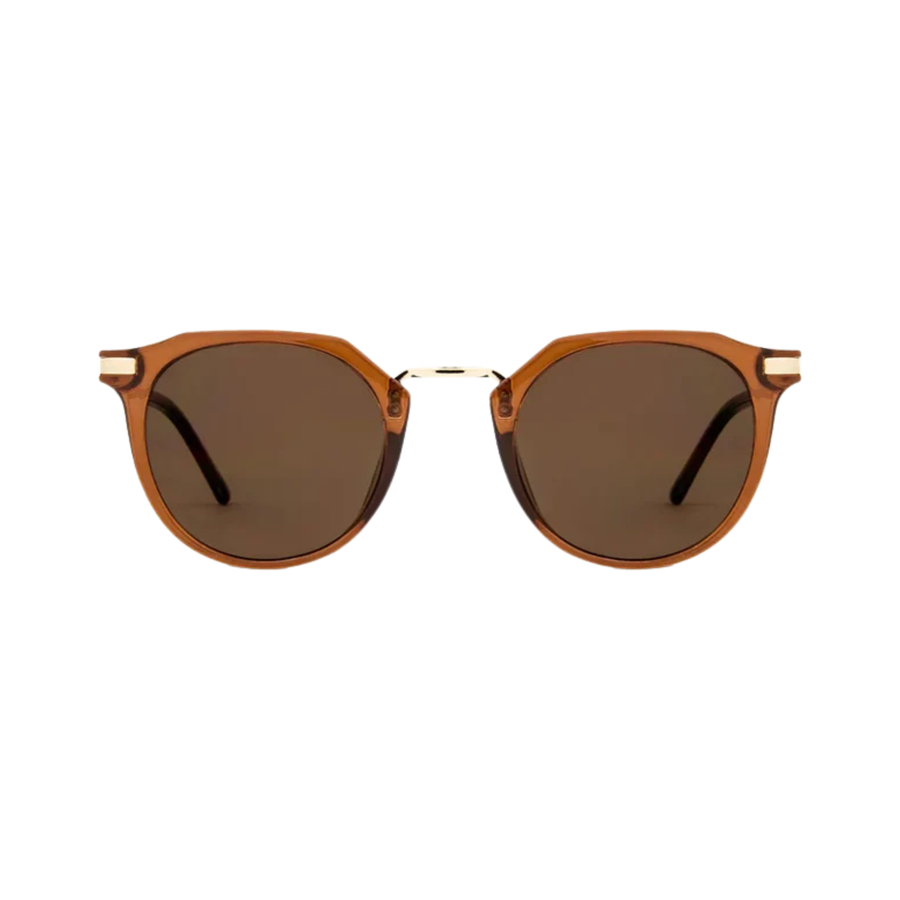 Round carve usa eyewear sunglasses with translucent amber-brown frames and dark brown lenses, featuring small gold metal accents on the hinges, shown against a plain white background.