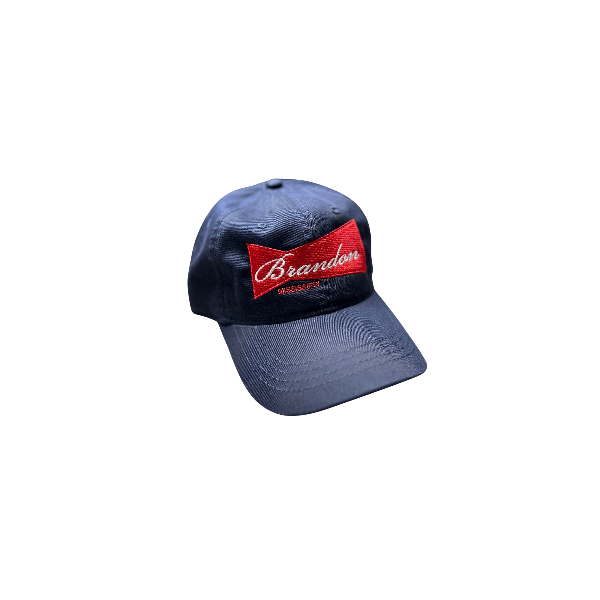 navy hat featuring a vintage budweiser logo win red with brandon mississippi in white