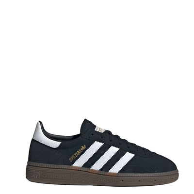 black samba handball espezial junior in black with white stripes and gum sole on a white background