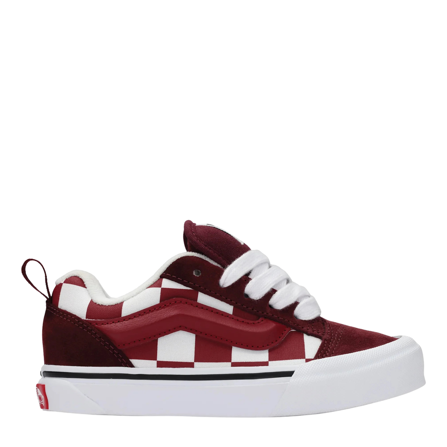 Maroon red and white checkered vans big kids knu skool sneaker on a white background