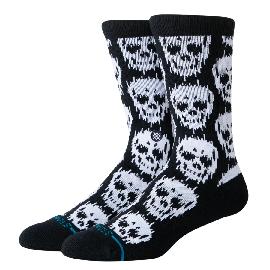 black stance static skull crew socks with white skulls on a white background