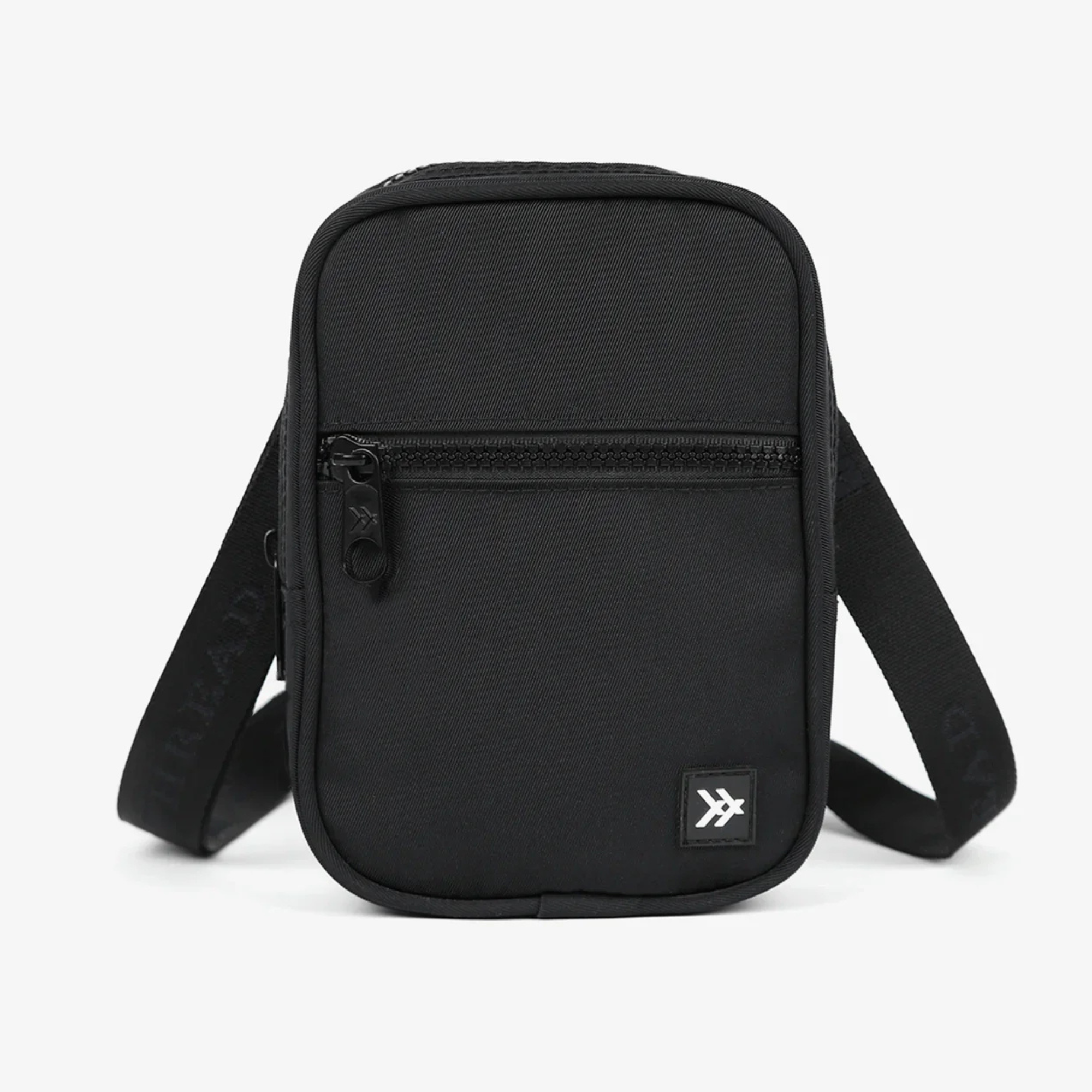 Black thread crossbody bag on a white background