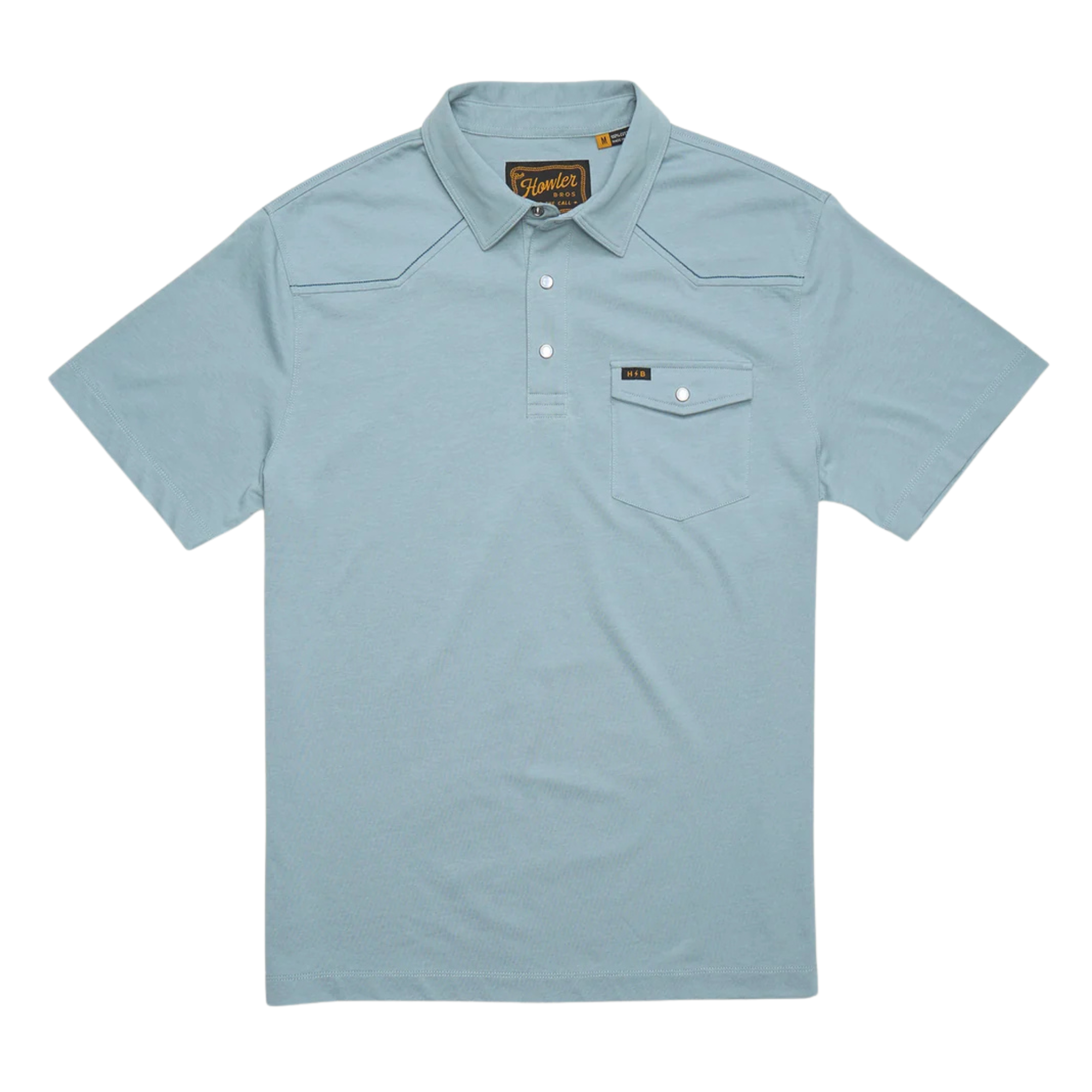 A light blue short-sleeve Howler brothers ranchero polo shirt with western-style stitching, a two-button placket, and a chest pocket, shown flat on a white background.