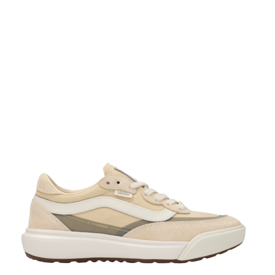 Beige vans ultrarange 2.0 se sneaker with white sole on a white background