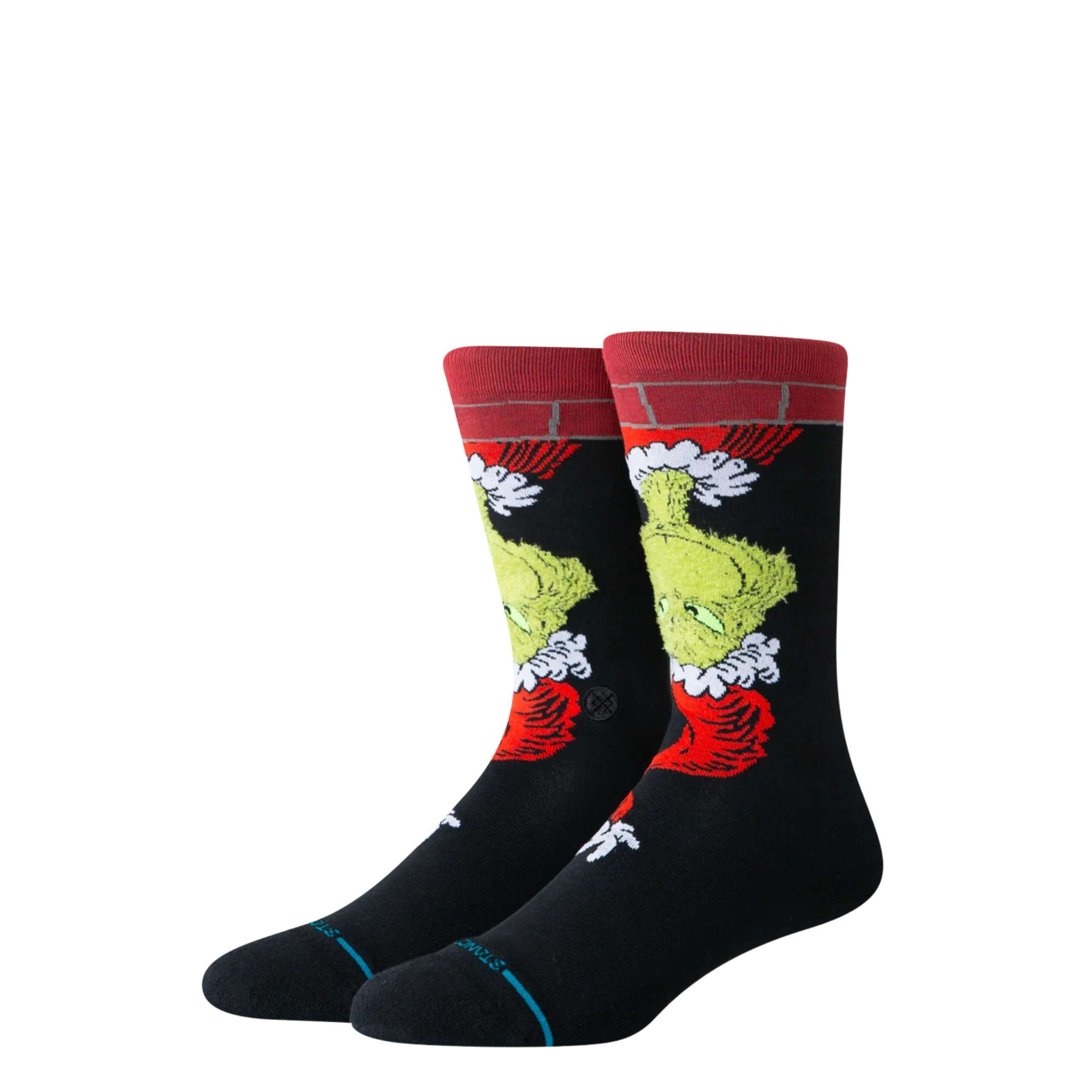 black stance grinch down the chimney kids socks on a white background