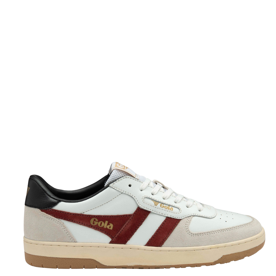 white gola men's hawk sneaker with red stripes on a white background