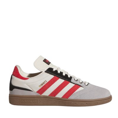 White & grey Adidas busenitz pro sneaker skateboard shoe with red and black stripes on a white background