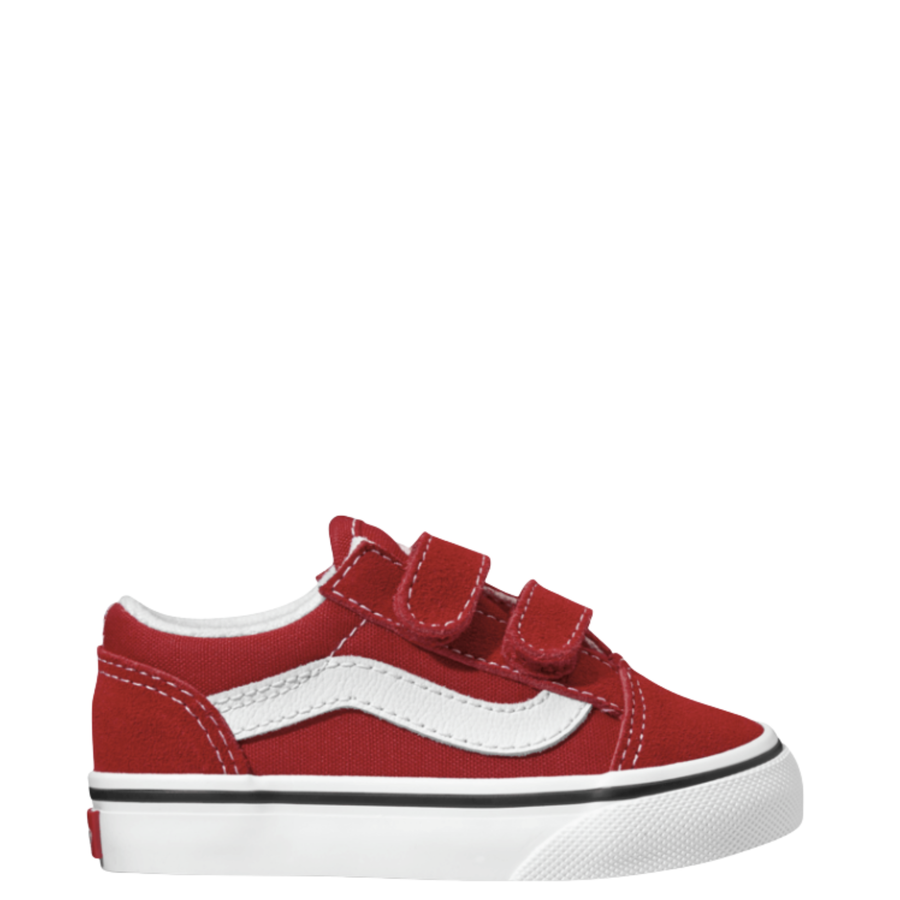 Red and white vans old skool toddler sneaker with velcro straps on a white background
