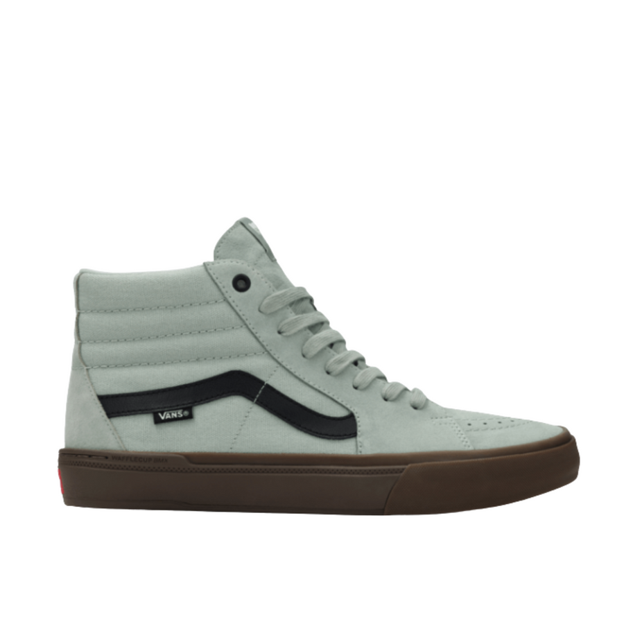 grey green vans men's bmx sk8-hi with black sidestripe and gum sole