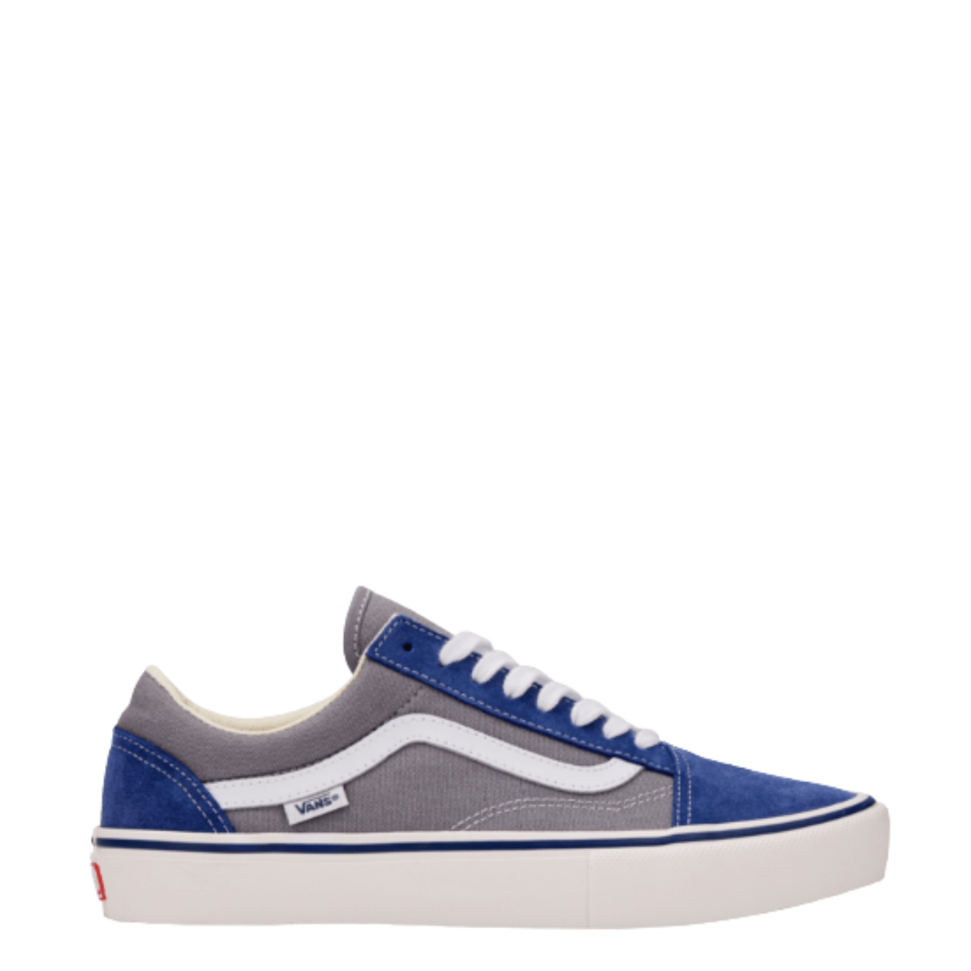 Gray and blue vans skate old skool sneaker with white accents on a white background