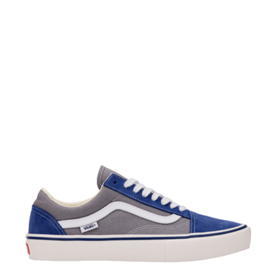 Gray and blue vans skate old skool sneaker with white accents on a white background