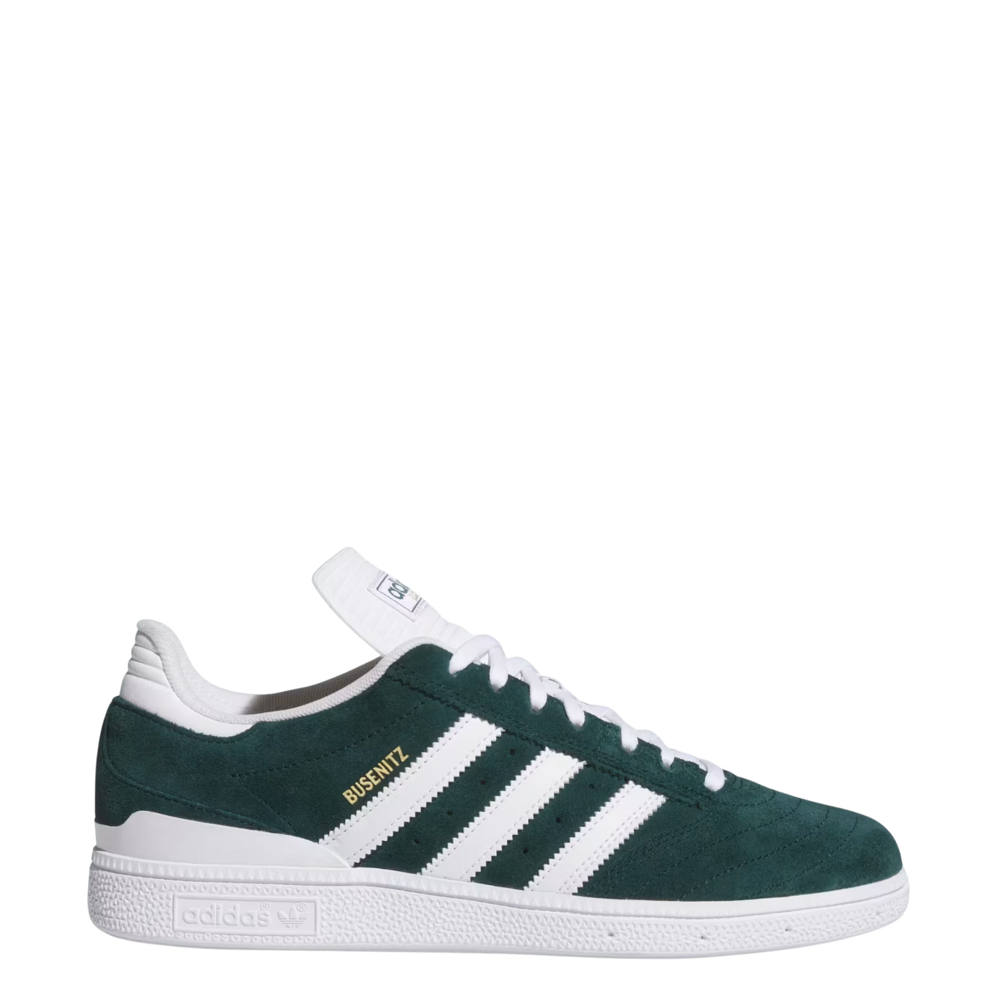 Green and white adidas busentiz skateboard sneaker with three white stripes on a light gray background