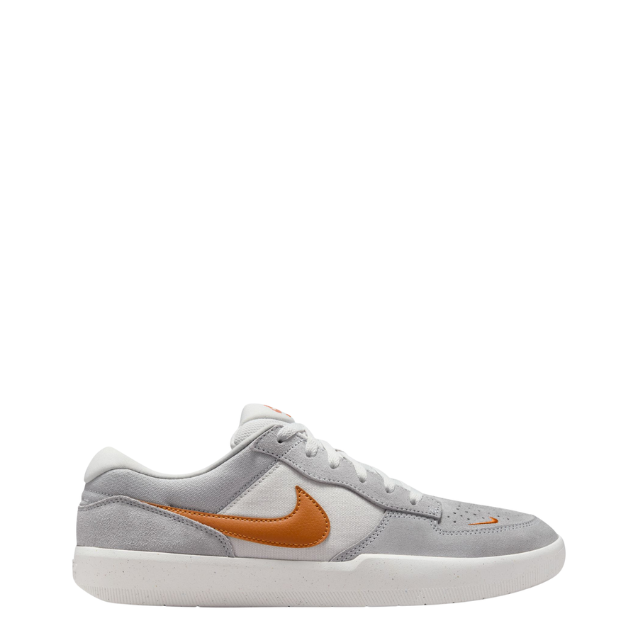 Gray NIKE SB men's force 58 sneaker with orange swoosh logo on a white background