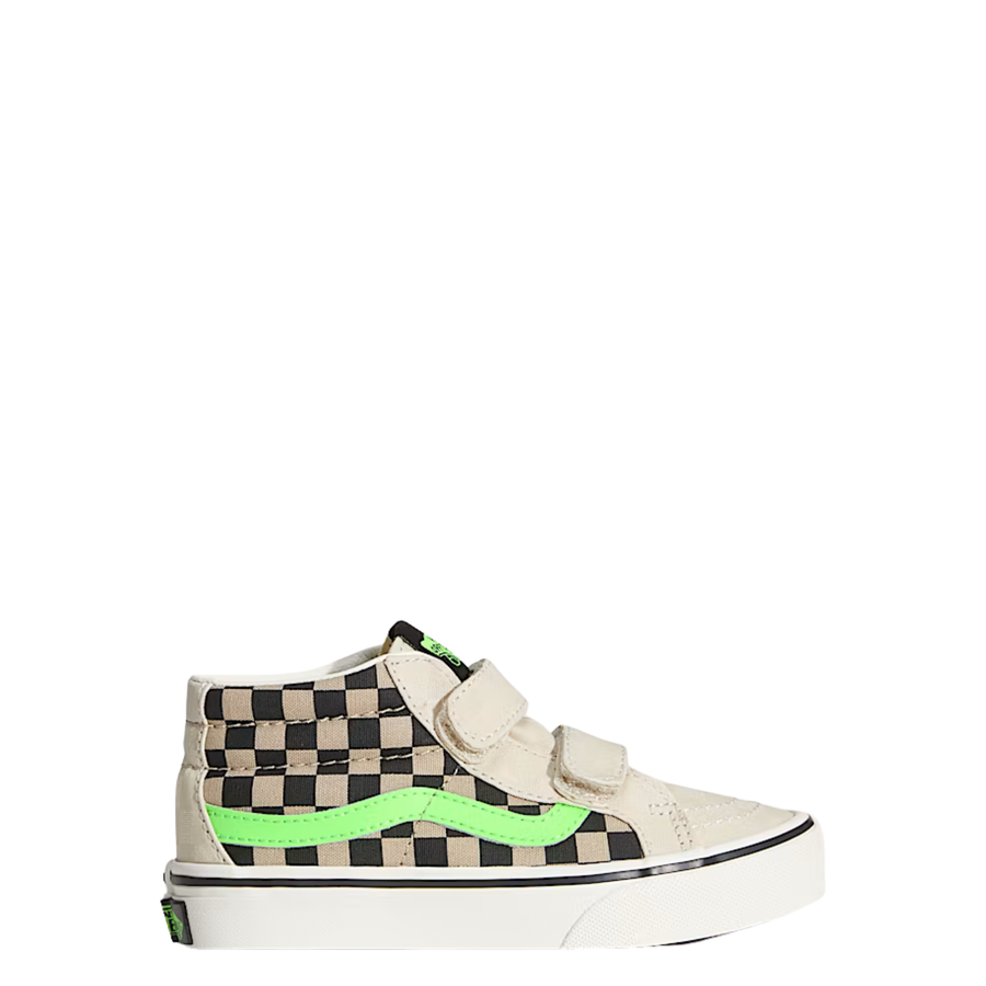 Checkered sk8-mid vans kids and toddler sneaker with neon green accents on a white background