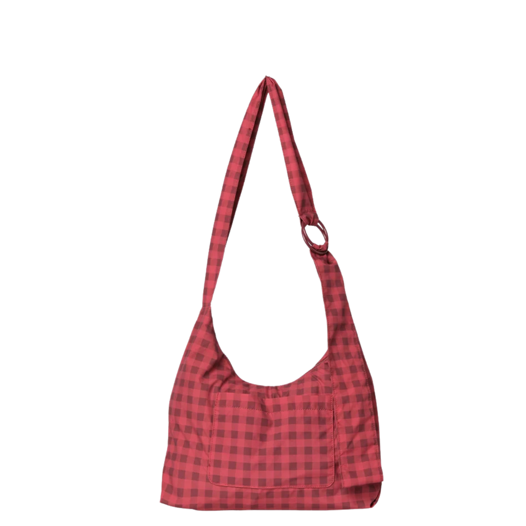 two tone red gingham thread small slouchy shoulder bag on a white background