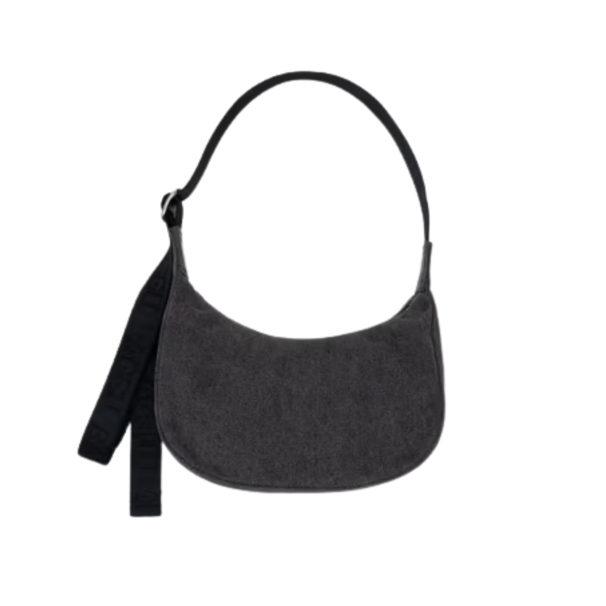 DARK Gray baggu small denim crescent shoulder bag with a strap on a white background