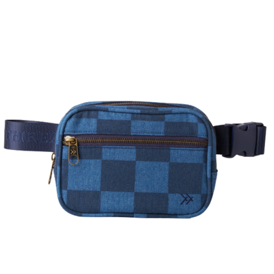 blue and navy checkerboard thread belt bag fanny pack on a white background