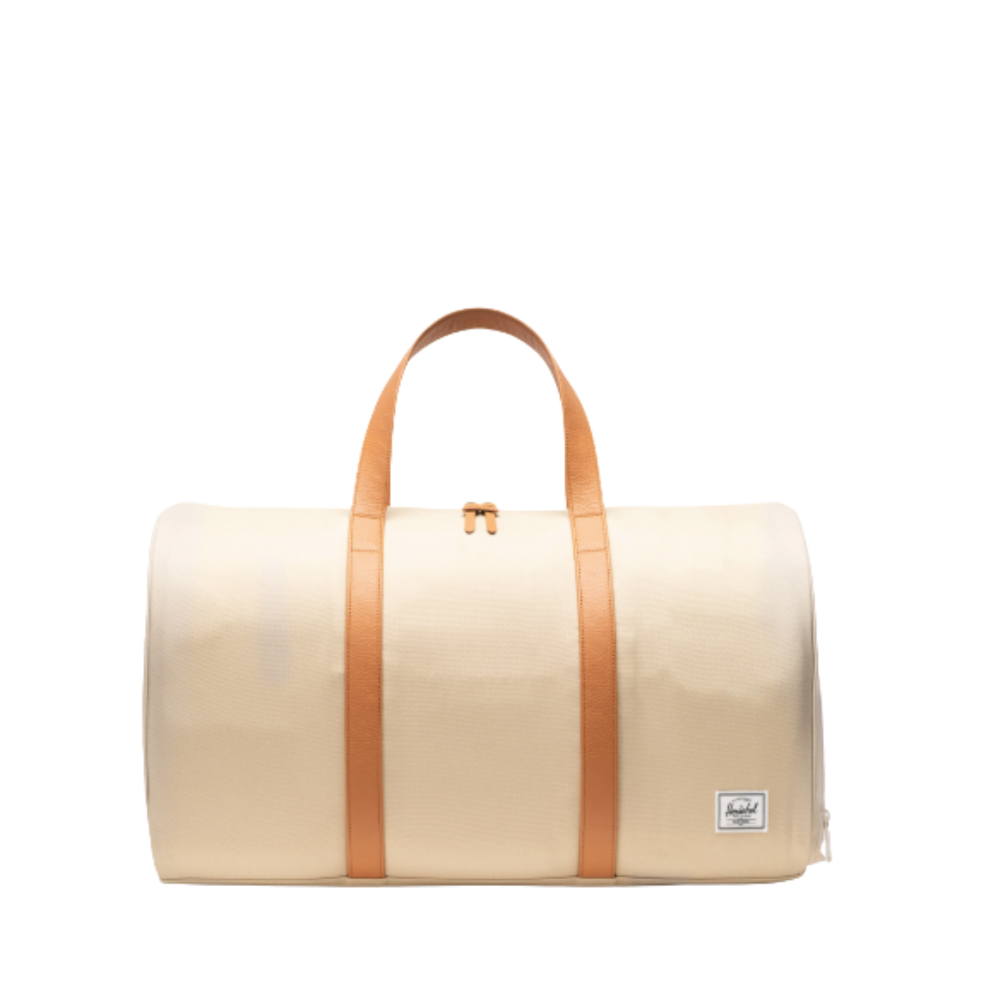 Beige herschel novel duffel bag with brown straps on a white background