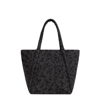 A black baggu cloud tote bag with a subtle tonal floral pattern and dual shoulder straps, shown against a plain white background.