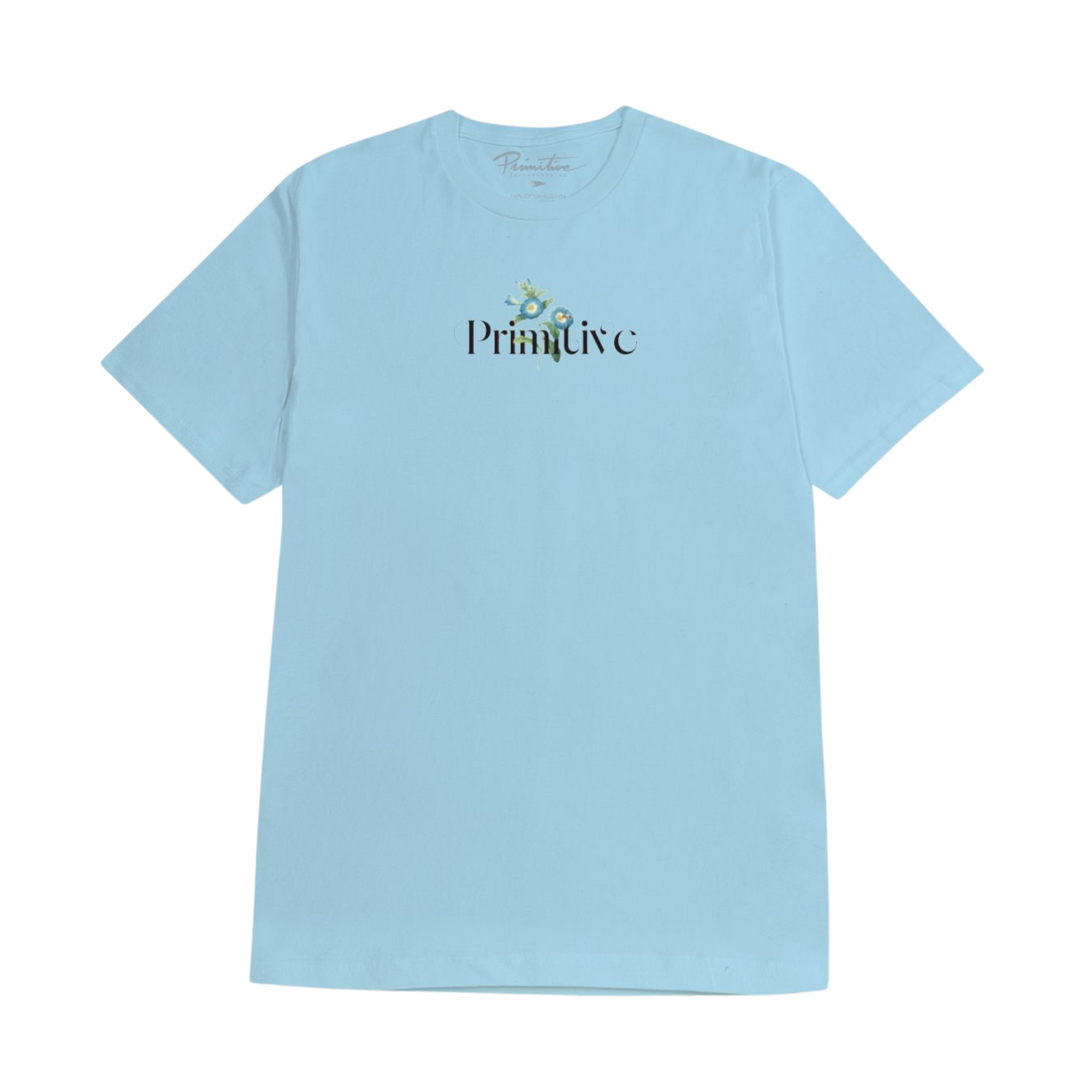 A light blue short-sleeve crewneck t-shirt with a 'Primitive' logo printed on the chest, displayed flat against a solid white background.