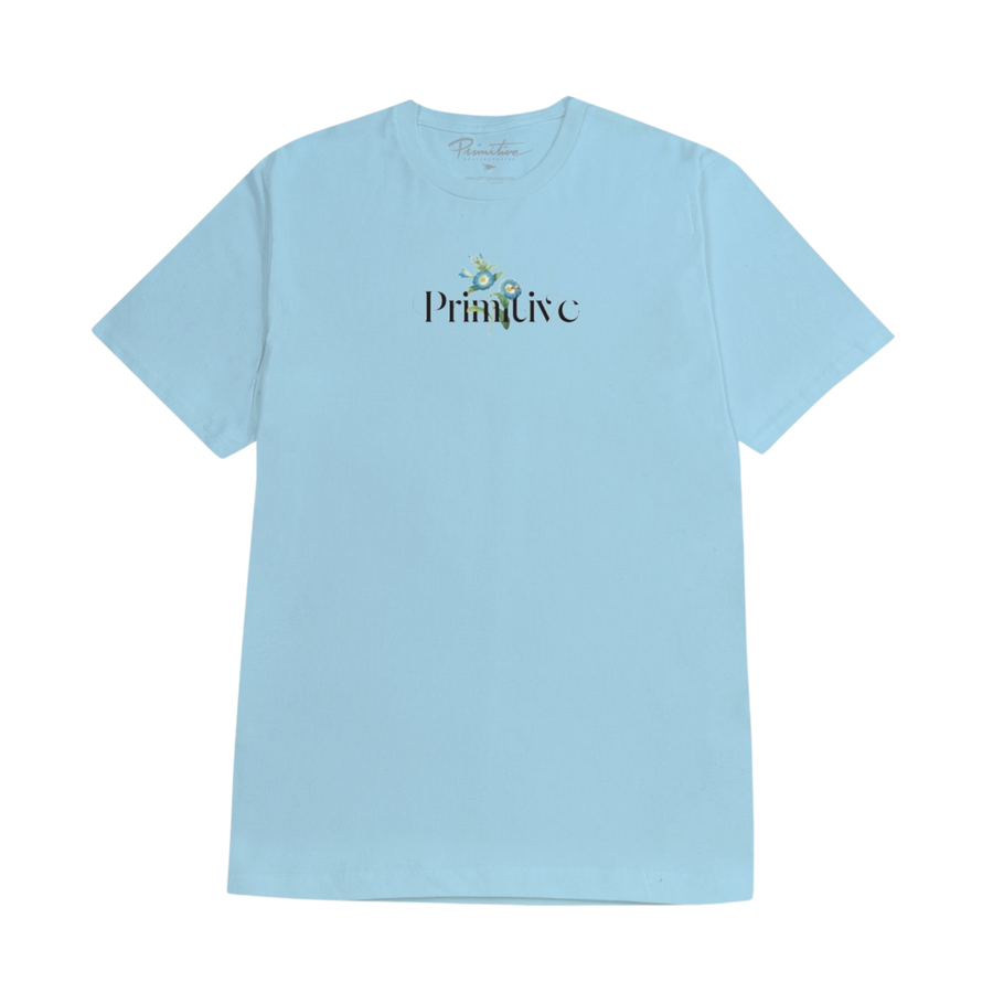 A light blue short-sleeve crewneck t-shirt with a 'Primitive' logo printed on the chest, displayed flat against a solid white background.