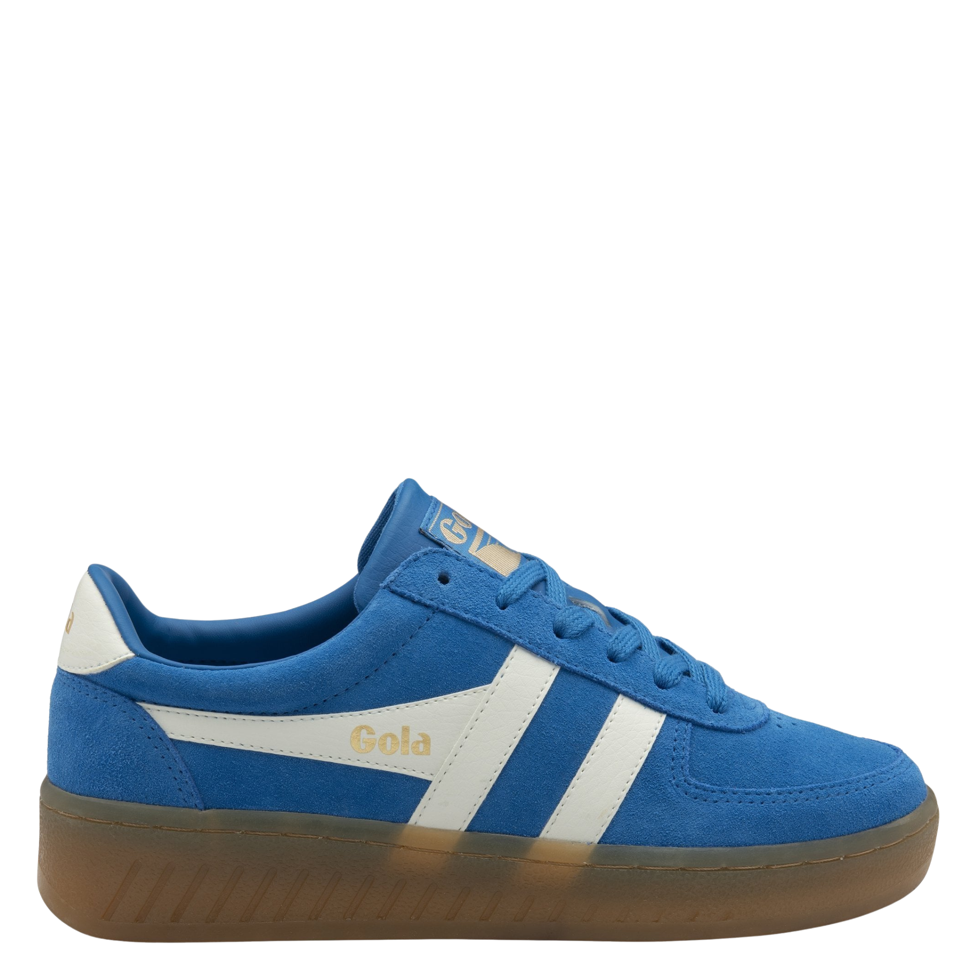Blue gola grandslam suede sneaker with white stripes and brown sole on a white background