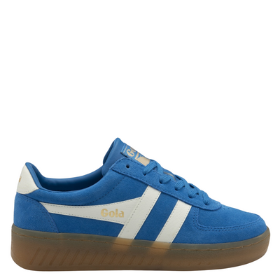 Blue gola grandslam suede sneaker with white stripes and brown sole on a white background