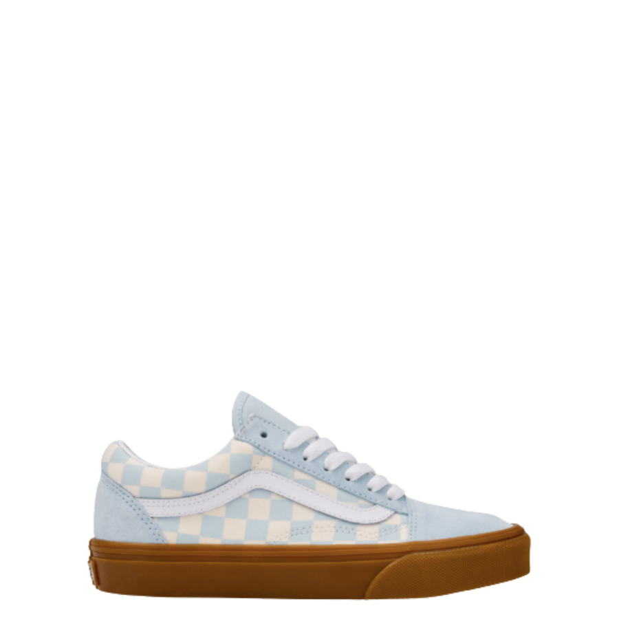 blue and off white checkerboard vans big kids old skool with gum sole on a white background