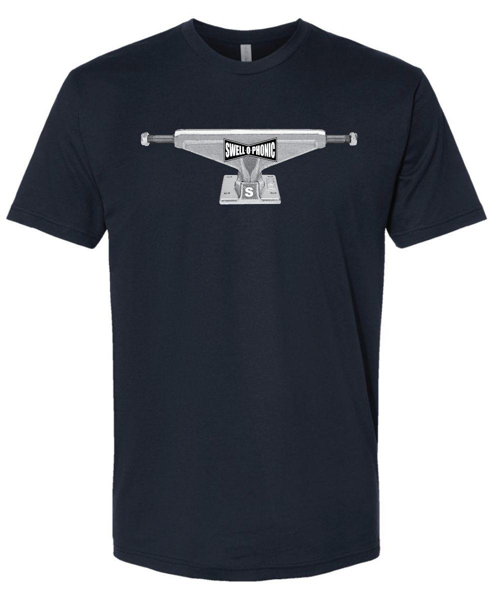 navy swell-o-phonic t-shirt with a graphic of a skateboard truck on a white background