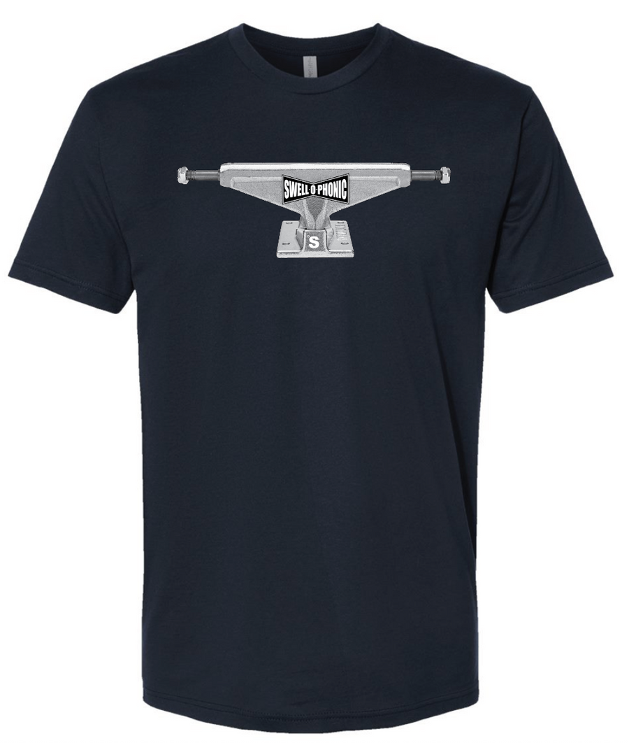 navy swell-o-phonic t-shirt with a graphic of a skateboard truck on a white background