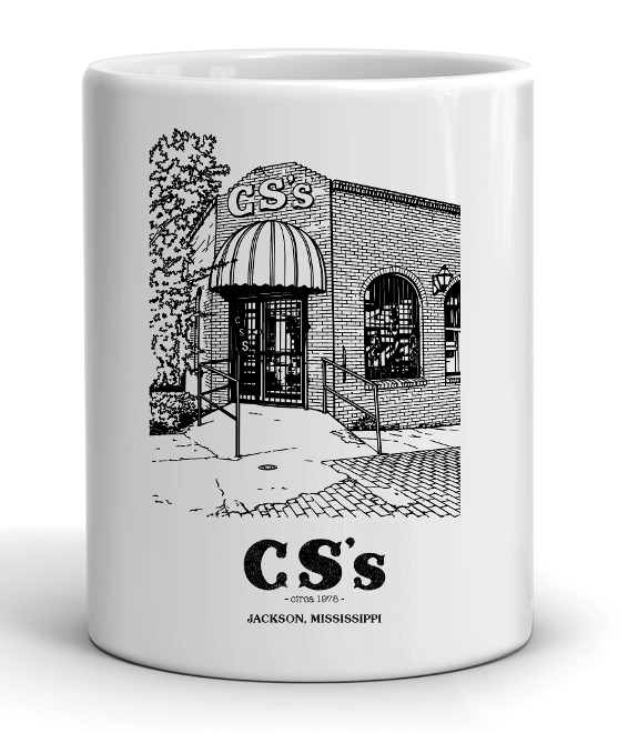 white CS's restaurant jackson, ms mug with black ink and building facade
