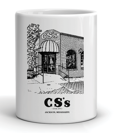 white CS's restaurant jackson, ms mug with black ink and building facade