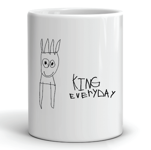 A black short-sleeve crewneck t-shirt featuring a white hand-drawn style graphic of a cartoon character with a crown and the text 'KING EVERYDAY' printed on the front.