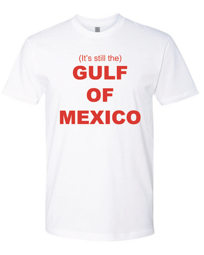 White t-shirt with red text 'Gulf of Mexico' on a white background