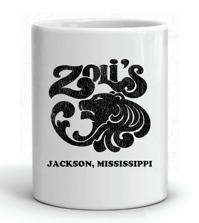 white ceramic coffee mug with black zoli's jackson mississippi design