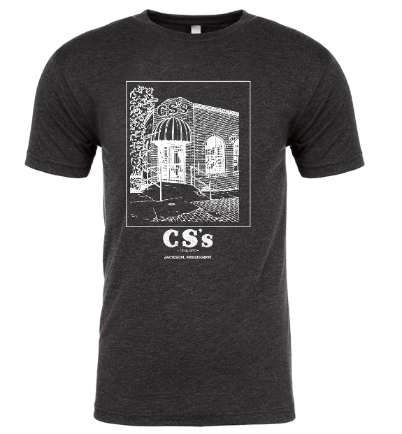 CS's restaurant jackson, ms tee shirt in dark heather grey with white ink and building facade